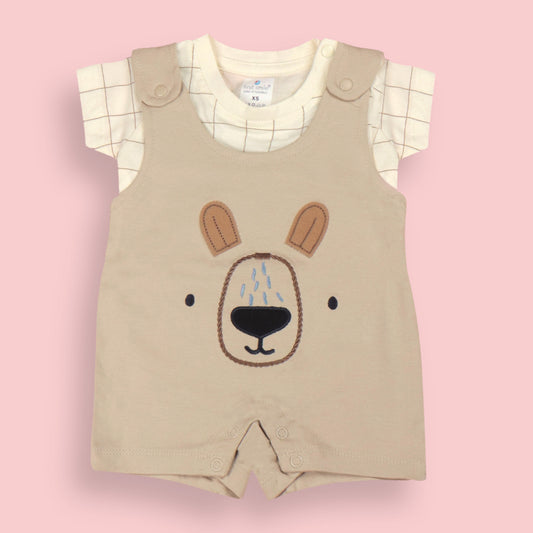 Ollypop Cream Teddy Print Baby Romper – Soft Sinker Fabric, Half Sleeves & Snap Buttons