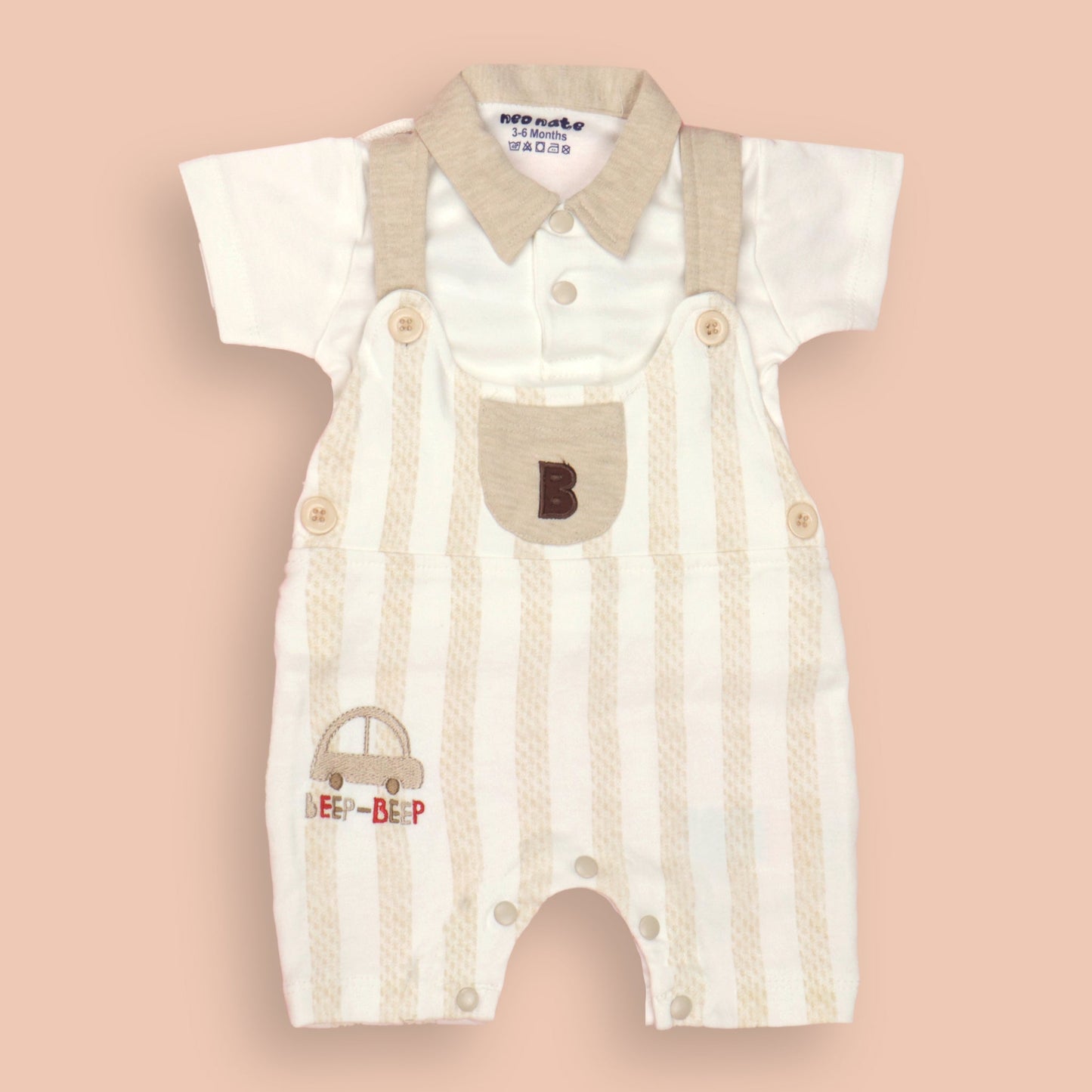 Neo Nate Featherlite Interlock Cream Dungaree – Short Sleeves, Polo Neck, Mid-Thigh, Cute Car Embroidery