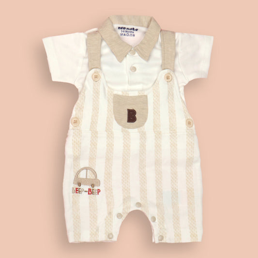 Neo Nate Featherlite Interlock Cream Dungaree – Short Sleeves, Polo Neck, Mid-Thigh, Cute Car Embroidery