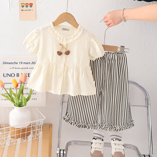 Girls Apricot Puff Sleeves Frilled Neck
 
 Peplum Top With Striped Pants Set