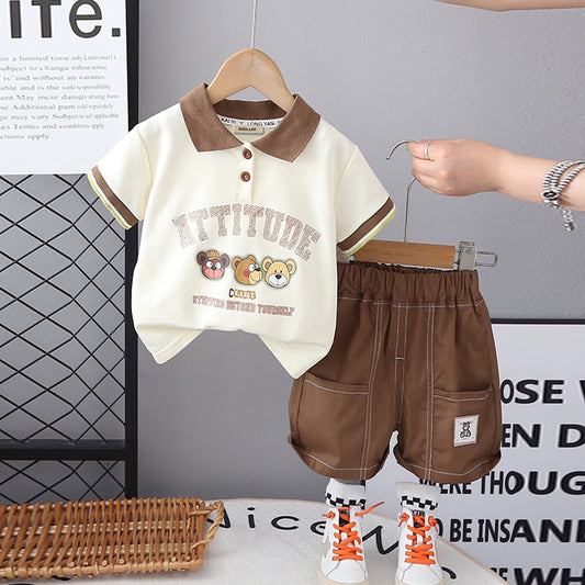 Boys Cream Graphic Printed Polo T-Shirt
 
 With Brown Shorts Set