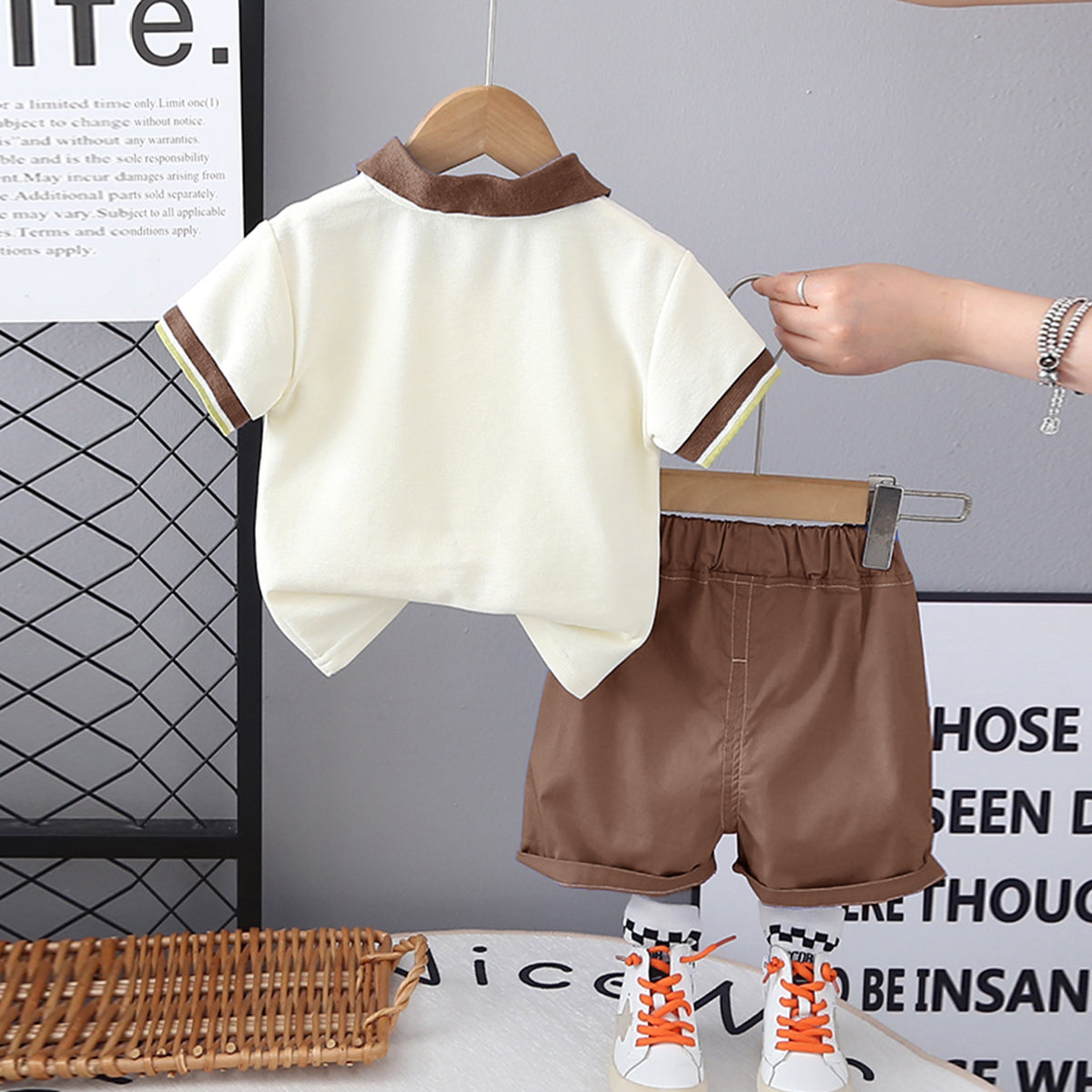 Boys Cream Graphic Printed Polo T-Shirt
 
 With Brown Shorts Set