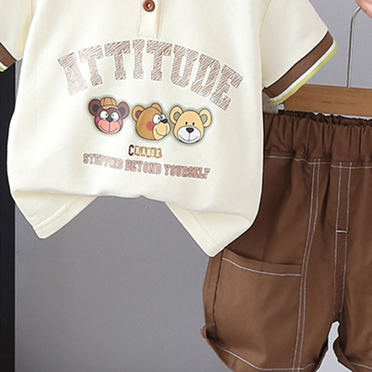 Boys Cream Graphic Printed Polo T-Shirt
 
 With Brown Shorts Set
