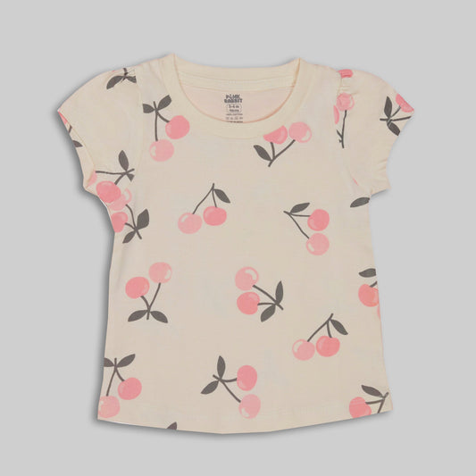 Pink Rabbit Girls Cream Cotton All Over Print Cap Sleeve T-shirt