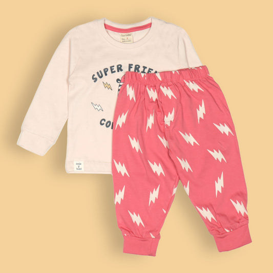 Cucumber Boys’ Soft Cotton Set – Cream ‘Super Friend Confidence’ Tee & Dark Pink Jogger Pants