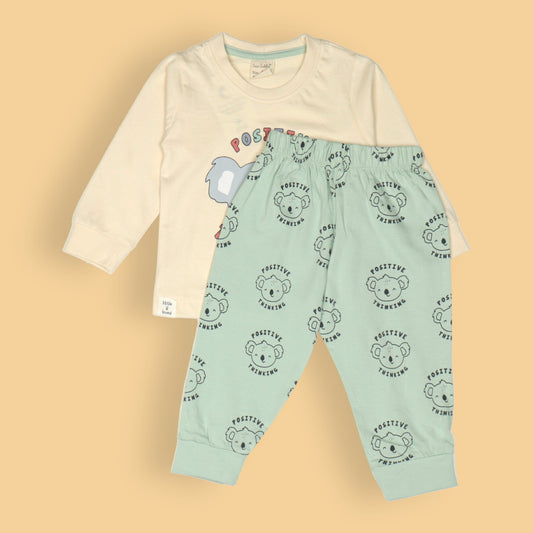 Cucumber Boys’ Cream Tee & Light Green Joggers Set – Positive Thinking Print, Soft Cotton All-Season Comfort