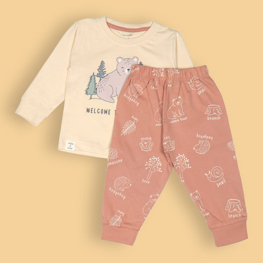 Welcome to the Jungle Set by Cucumber – Cream Full Sleeve Tee & Coral Jogger Pants, Soft Cotton Playwear