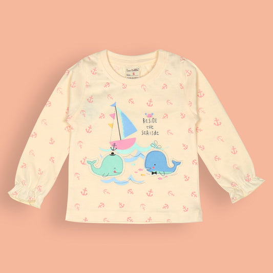 Cute Be Side the Seaside Cream Tee by Cucumber – Girls’ Full Sleeves, Soft Cotton, Sea Theme, Perfect for Summer Play
