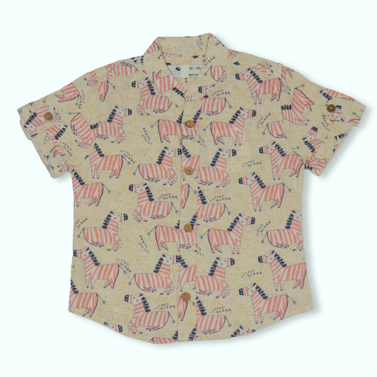Dew Drop Boys' Mandarin Collar Shirt with Zebra Print – Soft Fabric, Half Sleeves, Summer Essential (Cream)