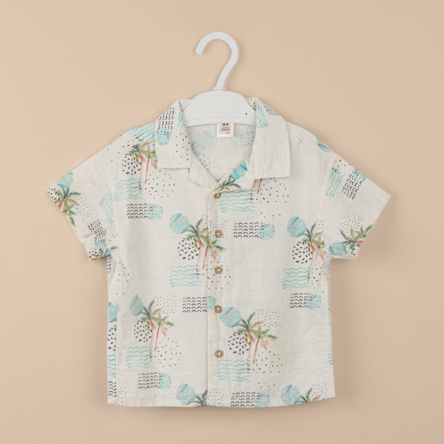 Toffyhouse Boys’ Summer Cotton Shirt & Shorts Set – Cream, Sea Print, Knee-Length Shorts