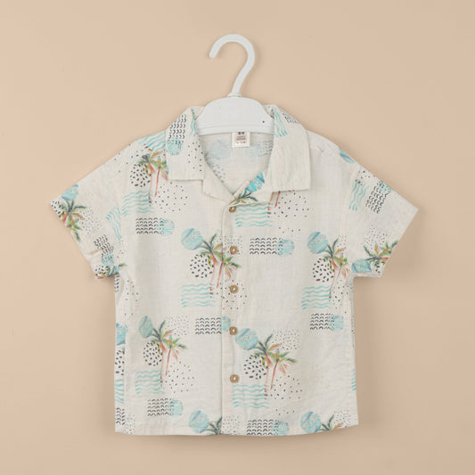 Toffyhouse Boys’ Summer Cotton Shirt & Shorts Set – Cream, Sea Print, Knee-Length Shorts