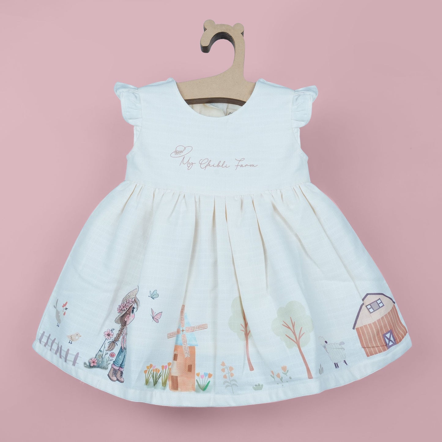 Orrigany Cream Cotton Frock – Playful Summer Party Dress for Girls,  Cute Ghibli Farm Print