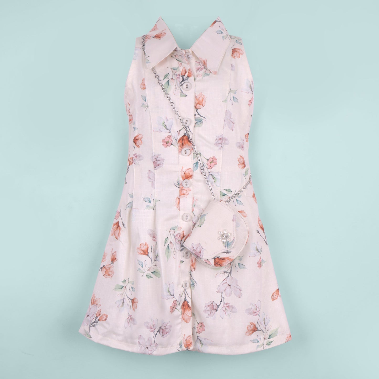 Chic & Stylish – Girls’ Cream All Over Print Dress with Accessories