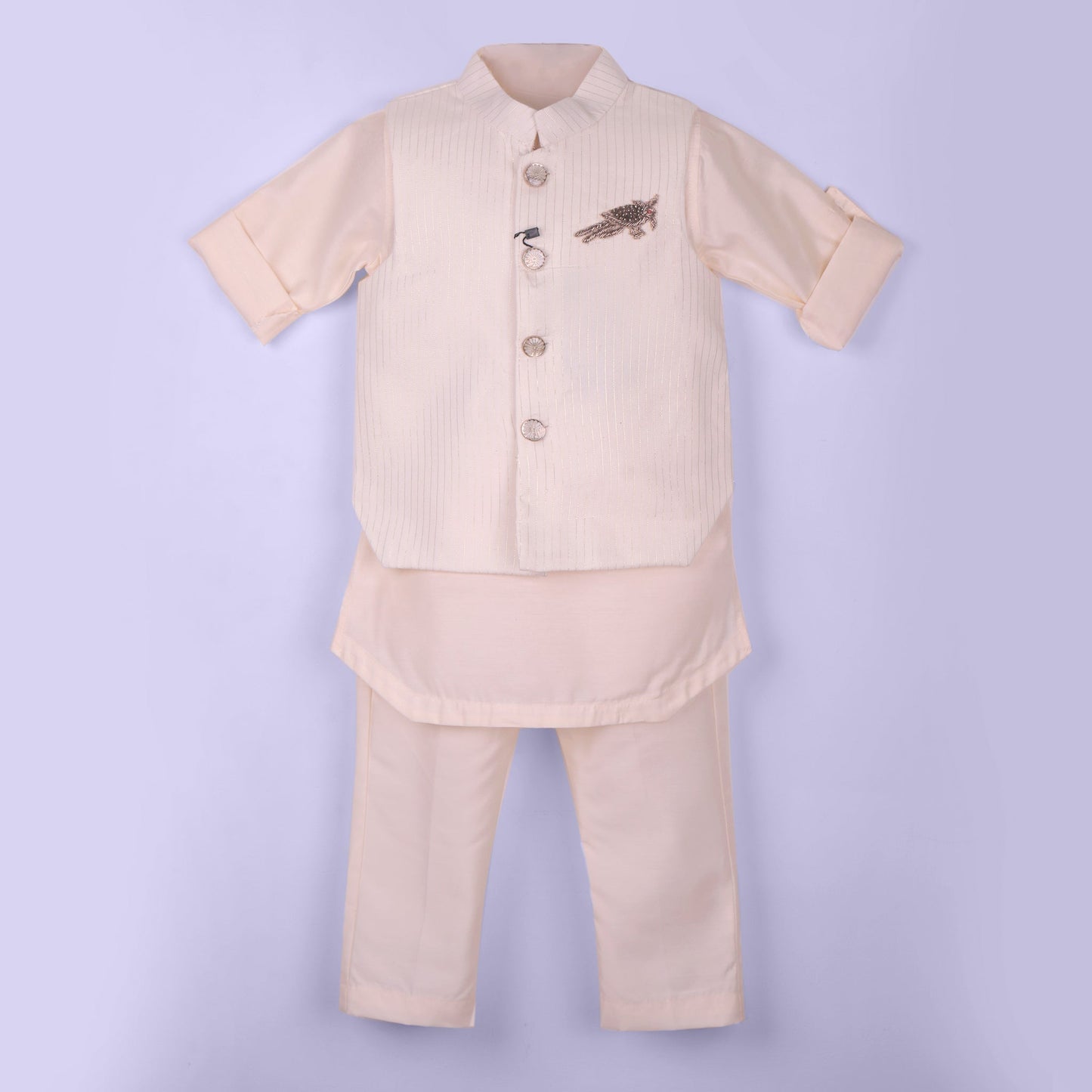 Classic Cream – Boys’ Kurta Pyjama with Striped & Embellished Jacket