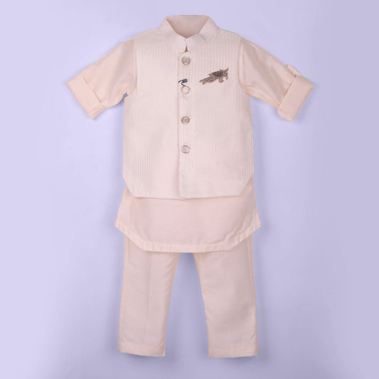 Classic Cream – Boys’ Kurta Pyjama with Striped & Embellished Jacket