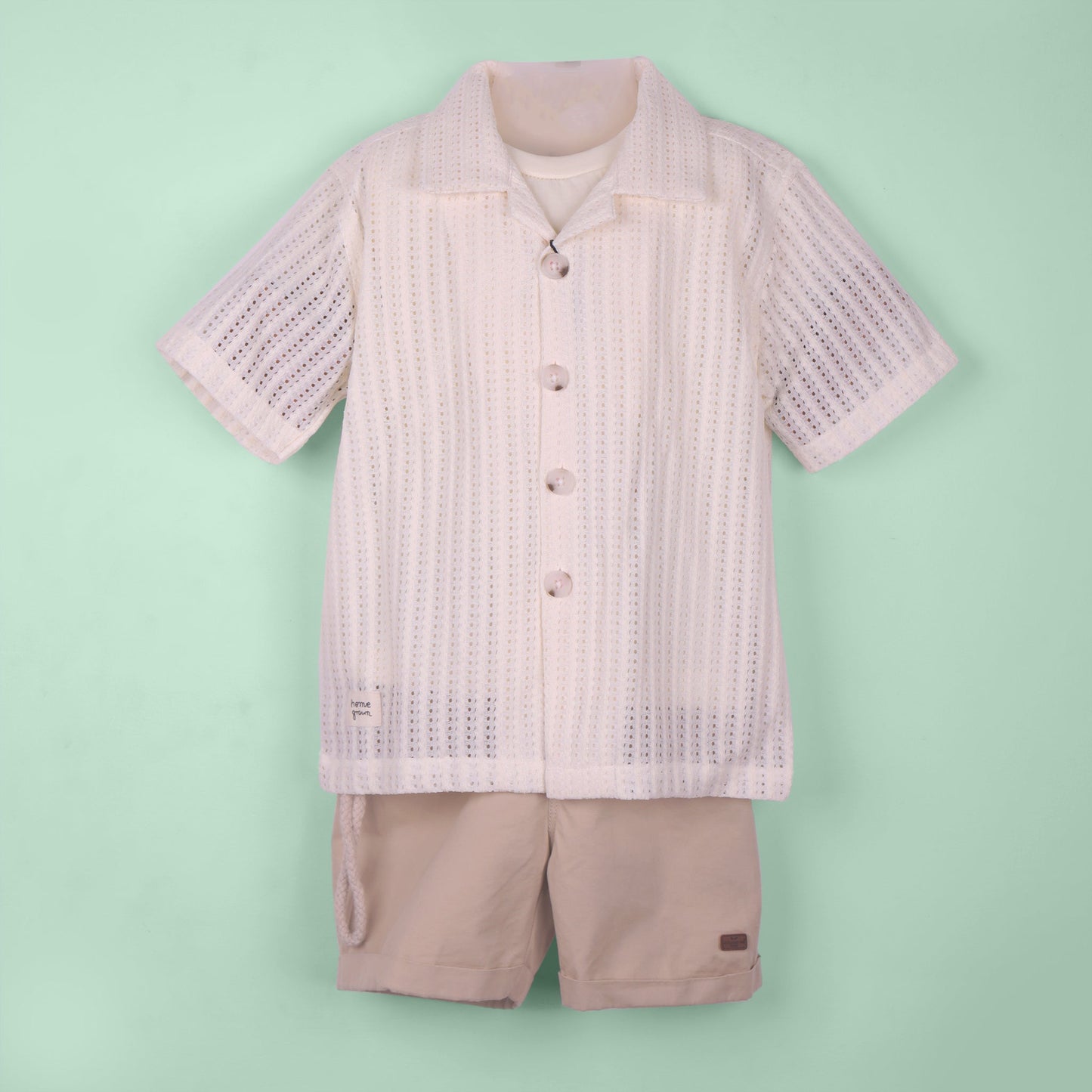 Trendy & Playful – Boys’ Cream Shirt, Printed Tee & Shorts