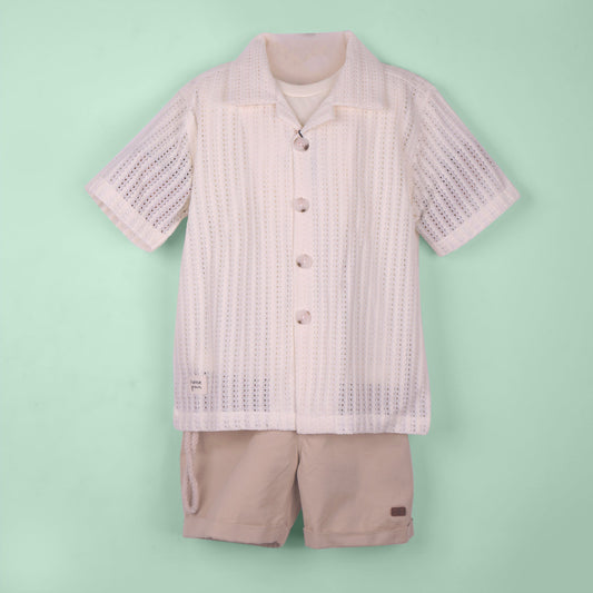 Trendy & Playful – Boys’ Cream Shirt, Printed Tee & Shorts