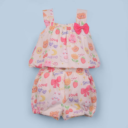Stylish Cute & Comfy Cream Top with Bow Detail & Elasticated Shorts
