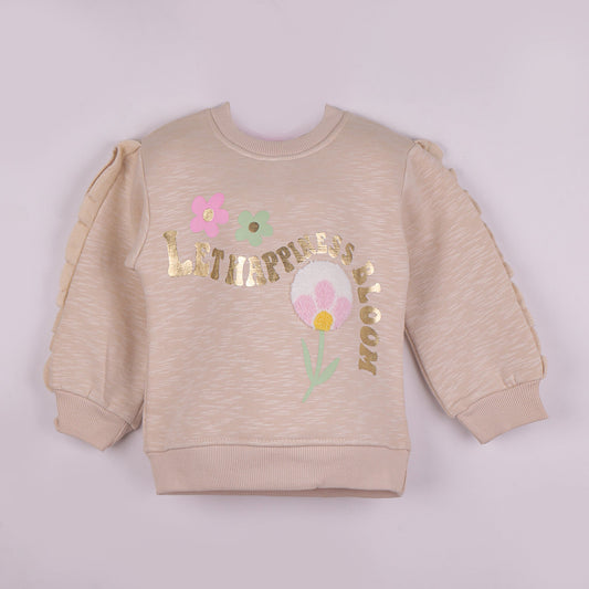 Bloom with Joy – Girls’ Cream Round Neck Sweatshirt