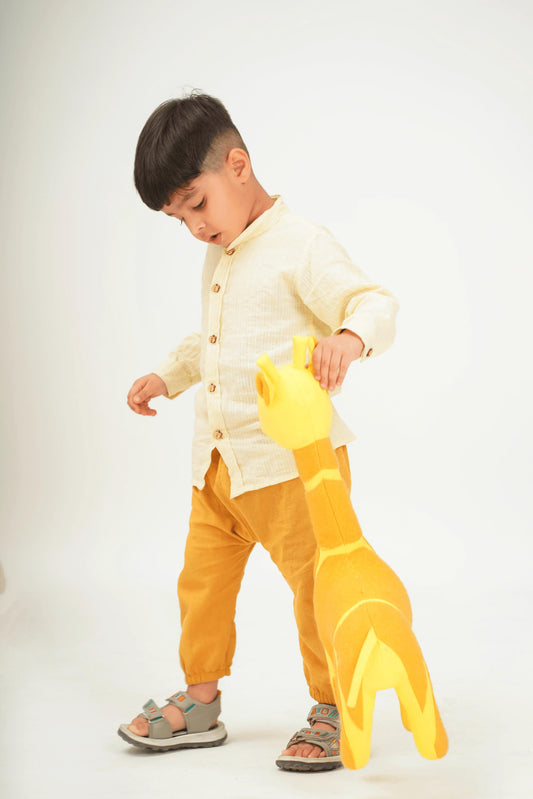 Peekaboo Boy’s Cream Solid Shirt & Comfortable Striped Cotton Pants