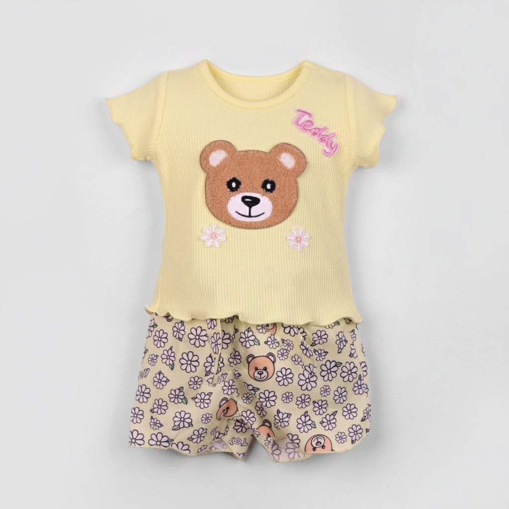 Baby's Day girls’ summer set: striped shorts, teddy applique, and easy back button top!