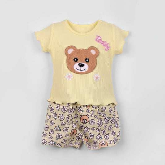 Baby's Day girls’ summer set: striped shorts, teddy applique, and easy back button top!