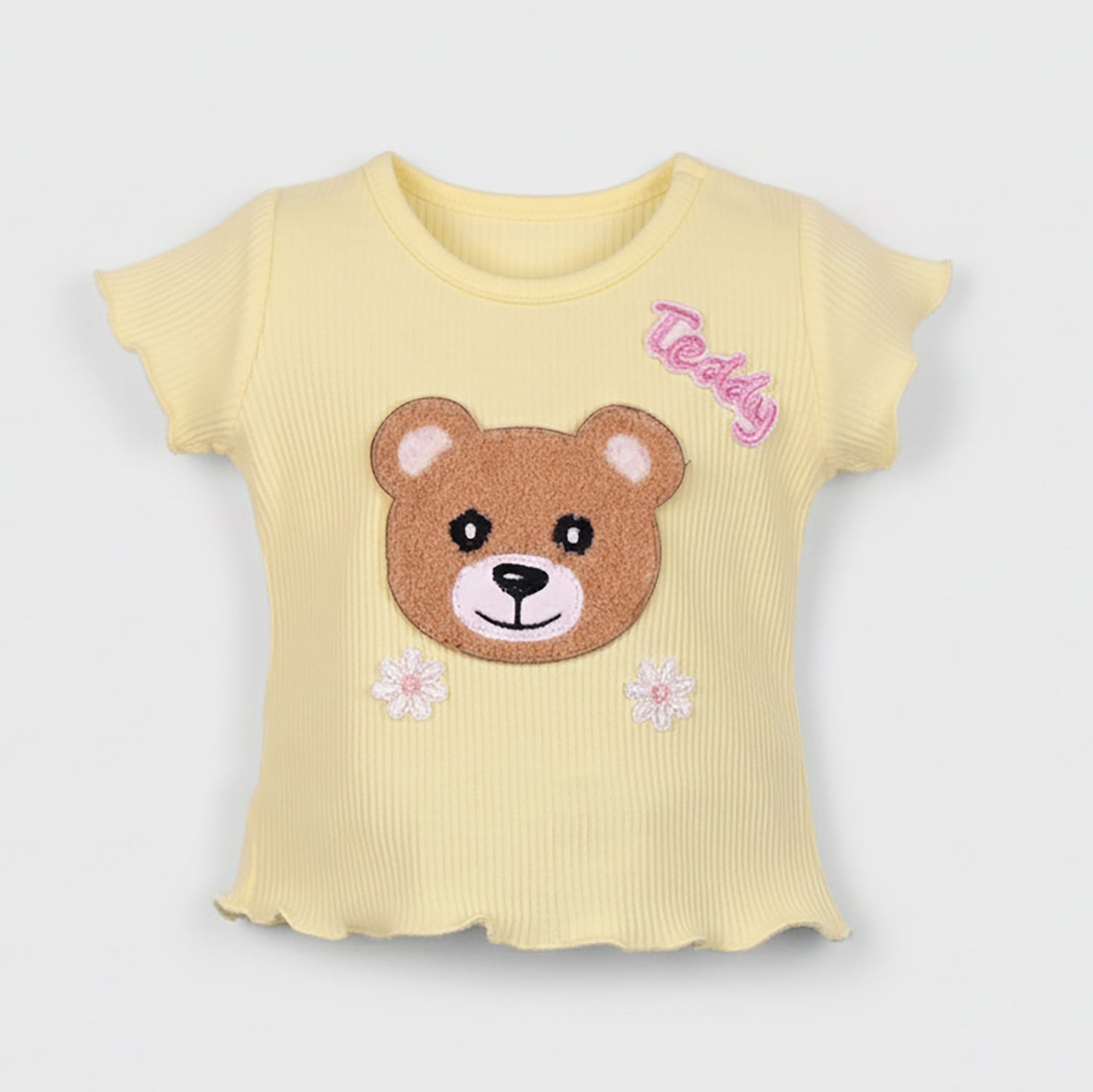 Baby's Day girls’ summer set: striped shorts, teddy applique, and easy back button top!