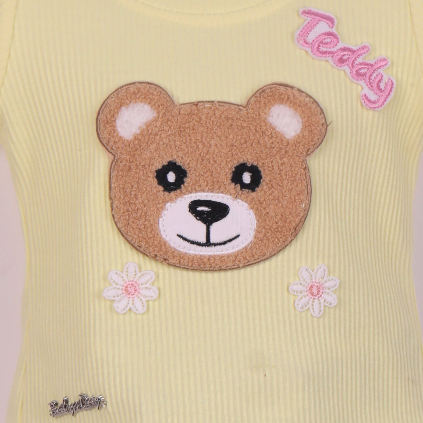 Baby's Day girls’ summer set: striped shorts, teddy applique, and easy back button top!