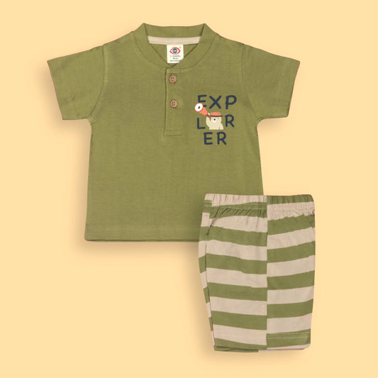 Zero Boys’ Summer Essentials Set – Limegreen Half Sleeve Teddy Bear Cartoon Tee with Front Button & Elastic Waist Shorts