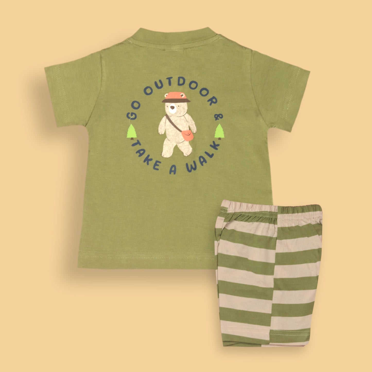 Zero Boys’ Summer Essentials Set – Limegreen Half Sleeve Teddy Bear Cartoon Tee with Front Button & Elastic Waist Shorts