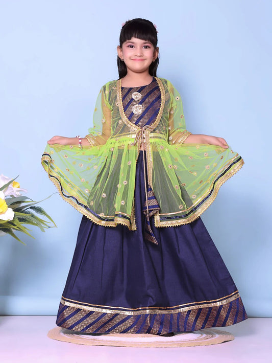 Classic Blue, Lemon Fresh: Embroidered Lehenga Choli Set with a Lively Limegreen Dupatta