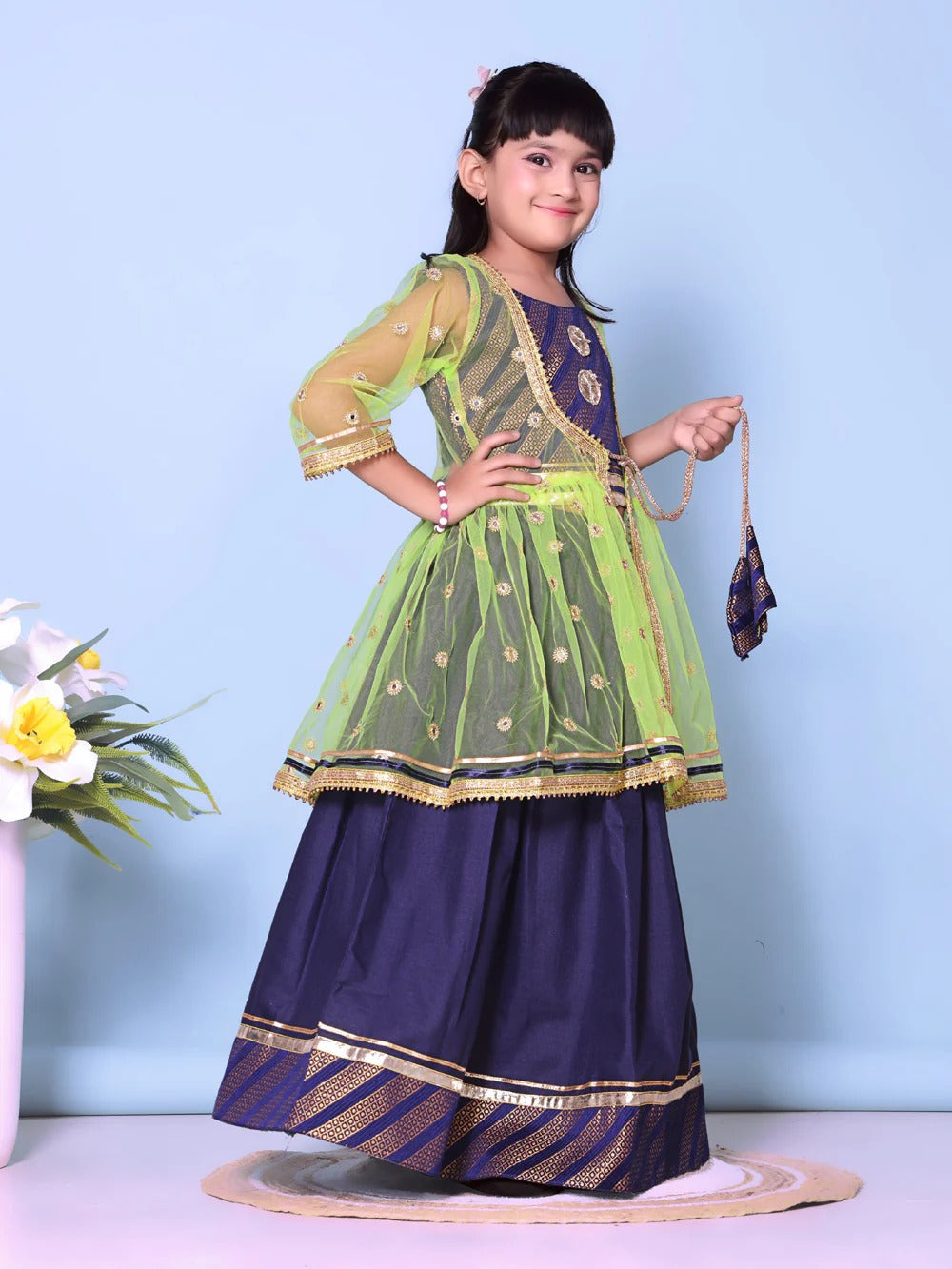 Classic Blue, Lemon Fresh: Embroidered Lehenga Choli Set with a Lively Limegreen Dupatta