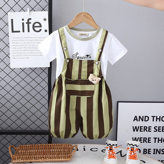 Boys Short Sleeves T-Shirt With Green
 
 Vertical Striped Dungaree Set