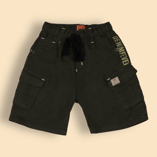 Boys’ Olive Green Cargo Shorts by OlioKids – Knee-Length Denim, 4-Pocket, Stylish Party & Outdoor Comfort