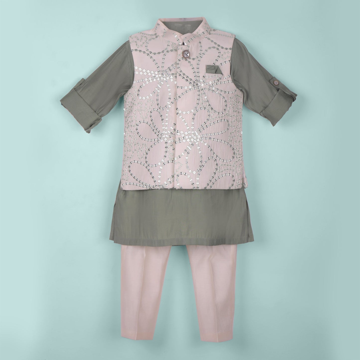 Elegant Olive Green Boys’ Kurta Pyjama with Embroidered Jacket