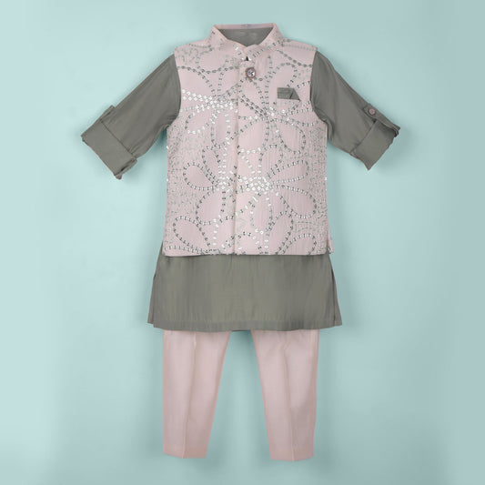 Elegant Olive Green Boys’ Kurta Pyjama with Embroidered Jacket