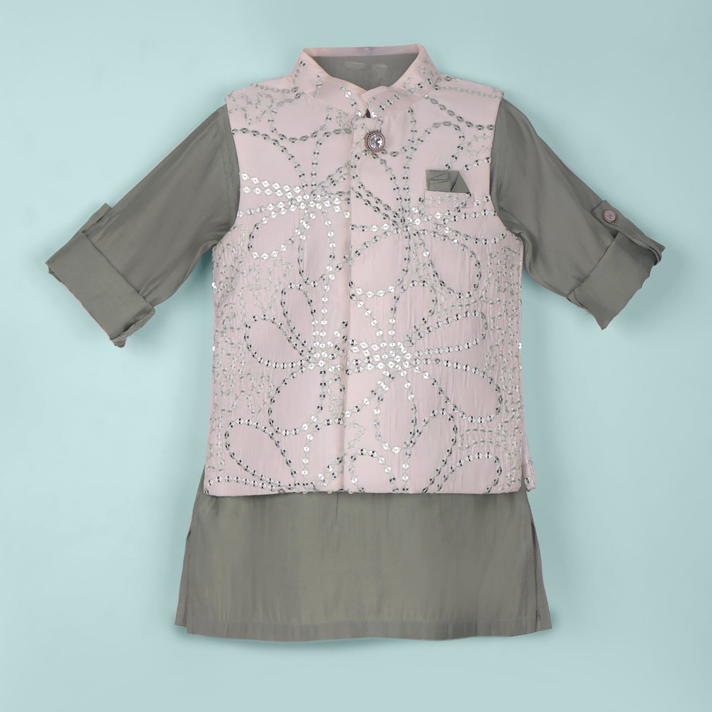 Elegant Olive Green Boys’ Kurta Pyjama with Embroidered Jacket