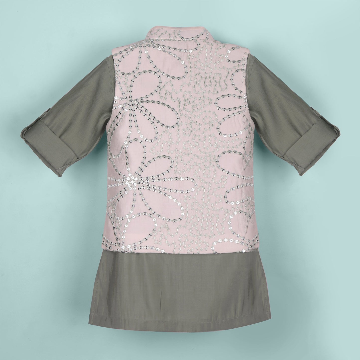 Elegant Olive Green Boys’ Kurta Pyjama with Embroidered Jacket