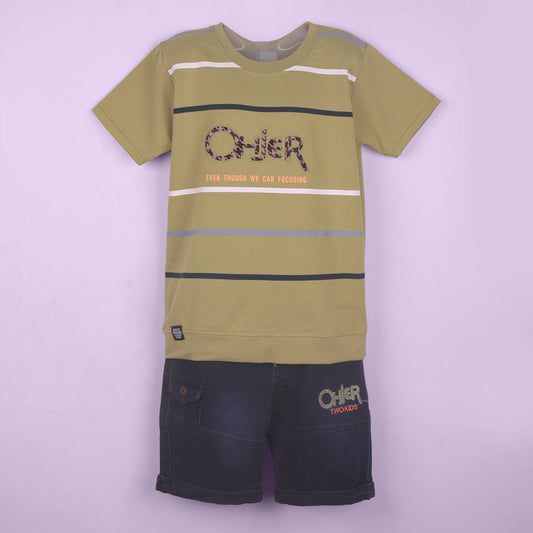 Playful Prints – Boys’ Olive Green Full Sleeve Tee & Capris Set