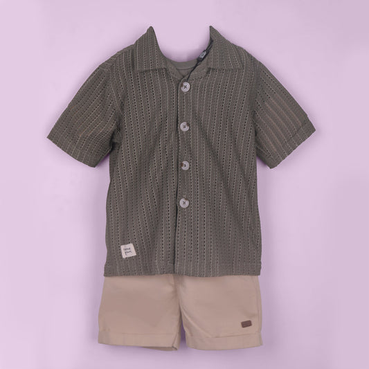Little Collars Boys’ Summer Outfit – Olive Shirt, T-Shirt & Shorts