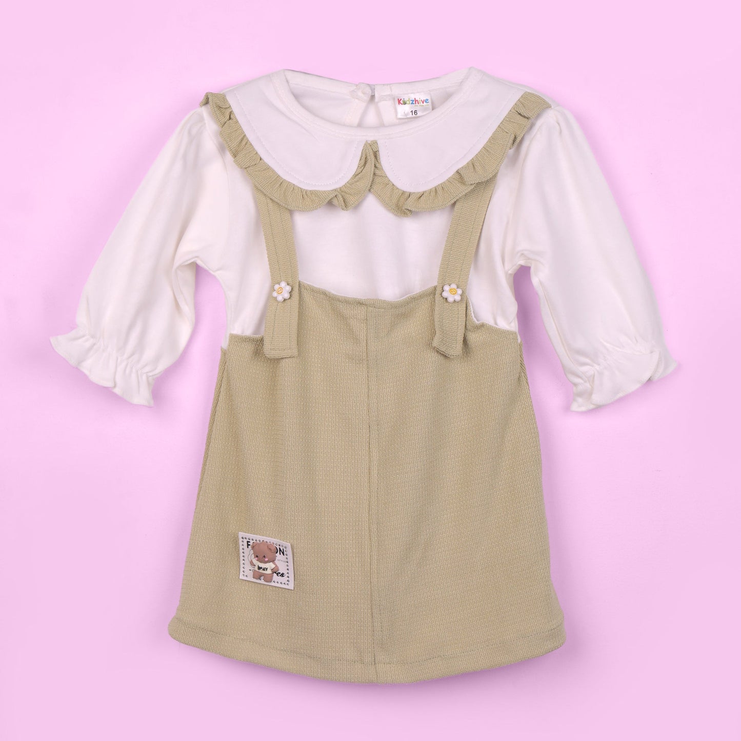 Stay stylish and warm in Kidzhive’s olive green frock—perfect for smart outdoor fun!