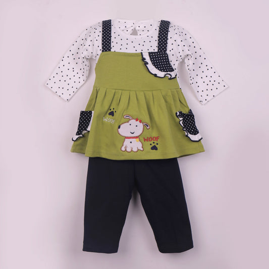 Playful Olive Green Frock & Leggings – Comfortable Cotton Blend