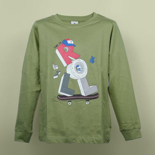 Roll With It Tee – Ollypop Boys’ Olive Green Graphic Cotton T-Shirt