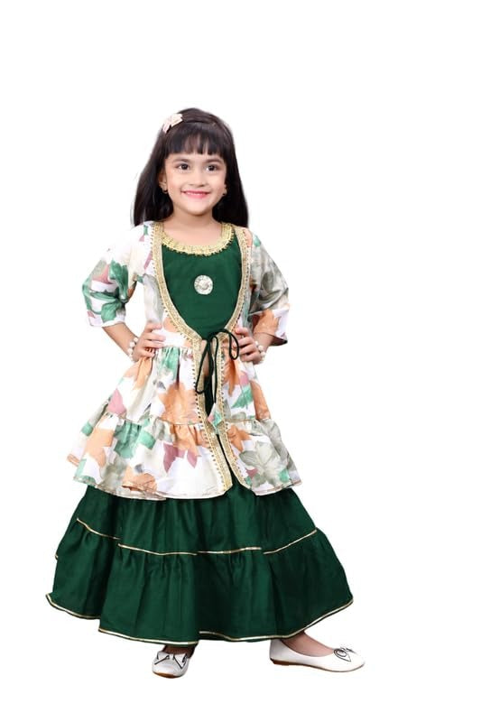 Garden Party Princess: Dark Green Lehenga and Colorful Floral Koti Set by Satyam Fab