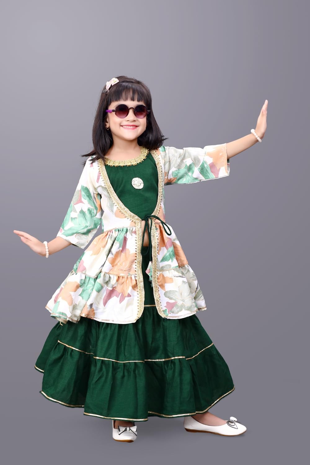 Garden Party Princess: Dark Green Lehenga and Colorful Floral Koti Set by Satyam Fab