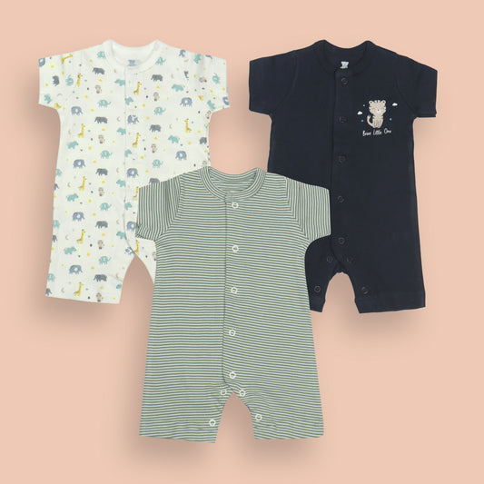 Pack of 3 Adorable Baby Rompers – Navy Blue “Brave Little One” Cat Print, Striped Green with Easy Snap Buttons, Off White Animal Print