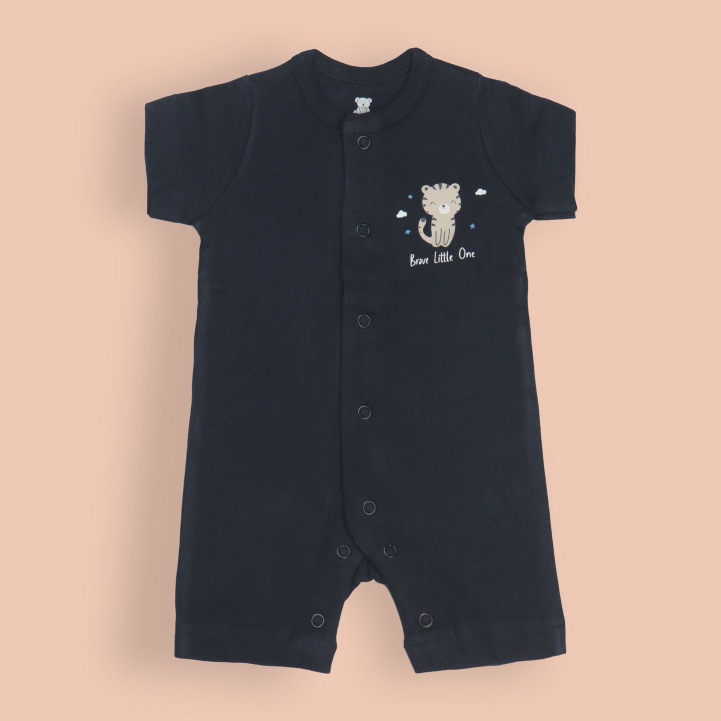 Pack of 3 Adorable Baby Rompers – Navy Blue “Brave Little One” Cat Print, Striped Green with Easy Snap Buttons, Off White Animal Print