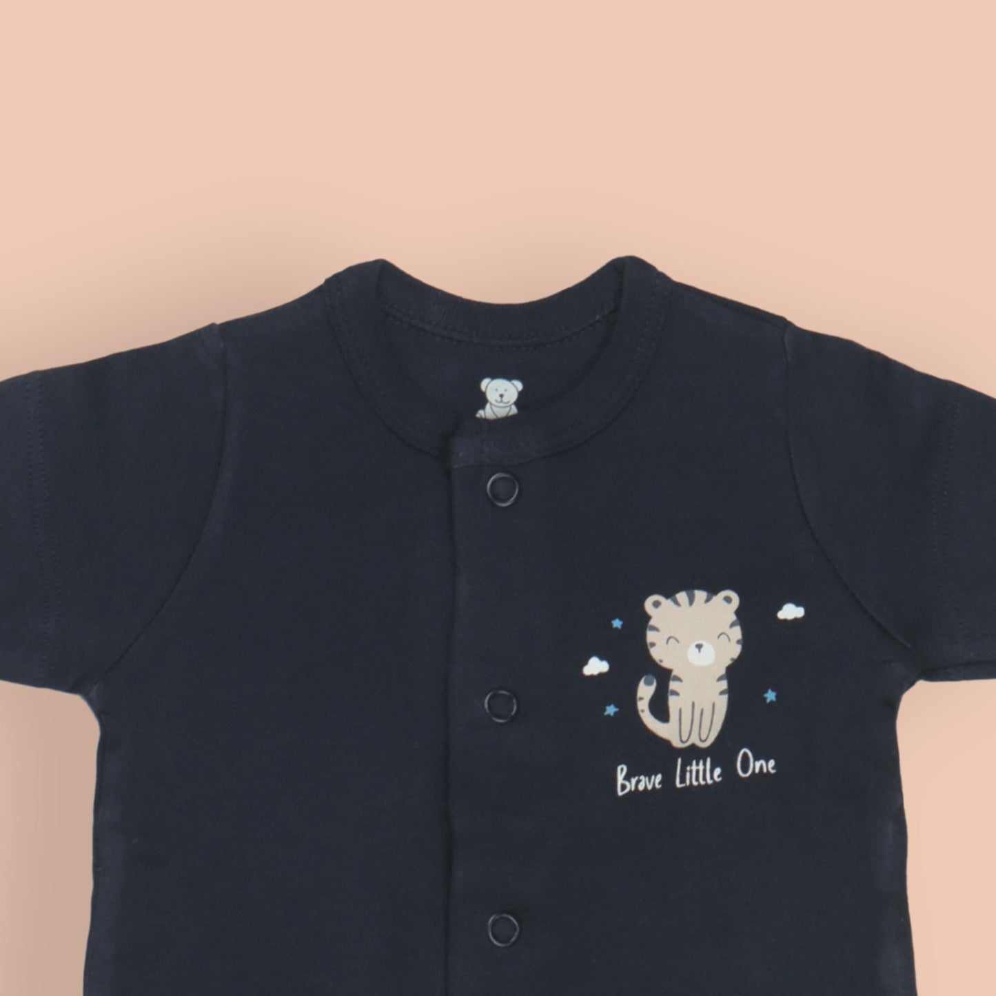 Pack of 3 Adorable Baby Rompers – Navy Blue “Brave Little One” Cat Print, Striped Green with Easy Snap Buttons, Off White Animal Print
