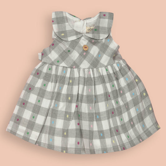 Orrigany Light Grey Checked Cotton Frock for Girls – Comfort+ Fabric, Sleeveless, Peter Pan Collar, Flared Waist Tie Dress, Perfect for Party & Smart Outdoor