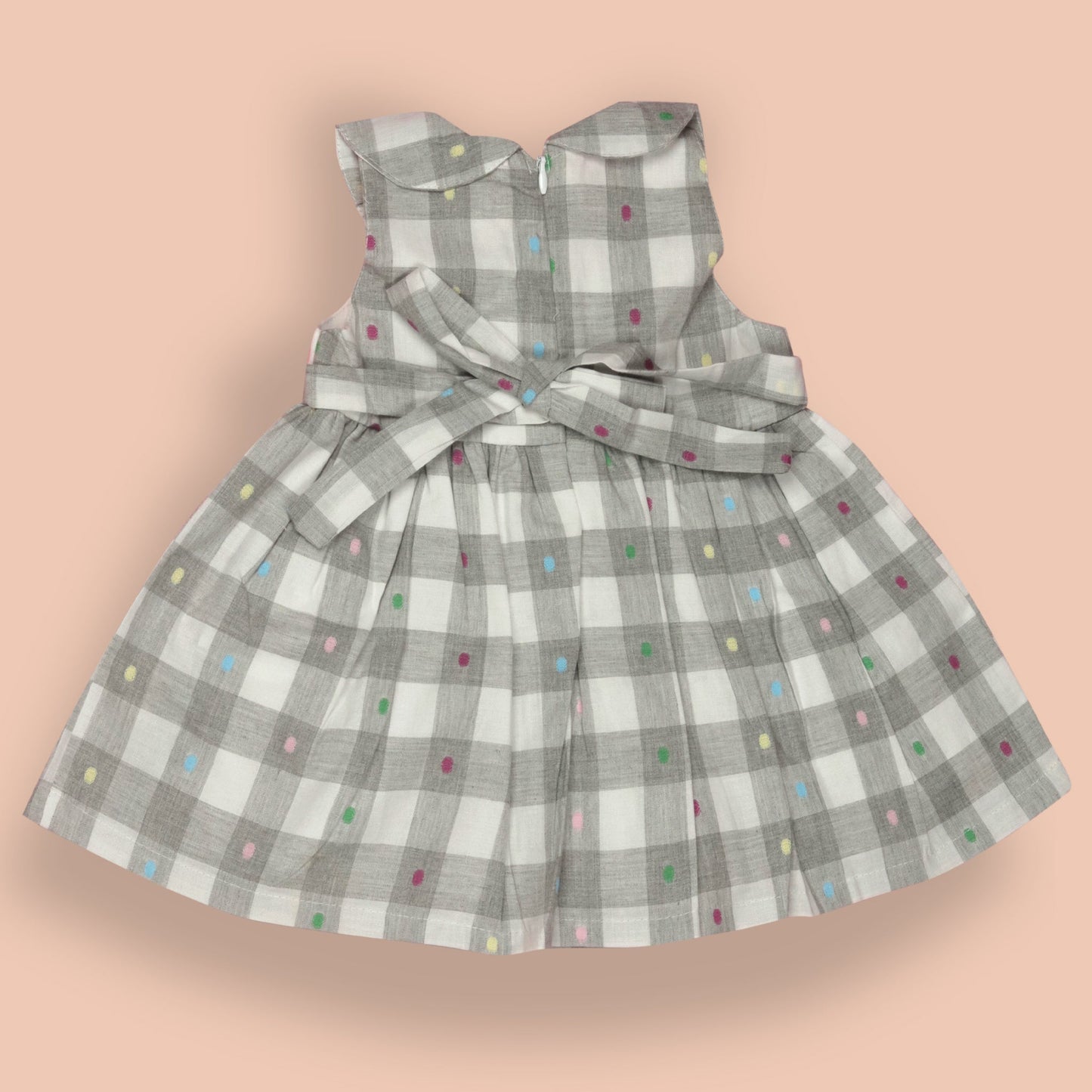 Orrigany Light Grey Checked Cotton Frock for Girls – Comfort+ Fabric, Sleeveless, Peter Pan Collar, Flared Waist Tie Dress, Perfect for Party & Smart Outdoor